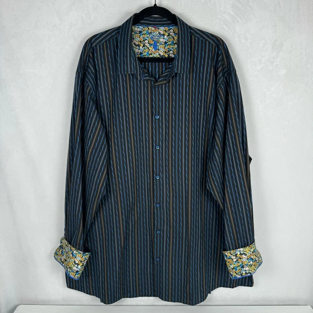 Luchiano Visconti Striped Blue-Black Men's Button-Down Long Sleeve Flip Cuff 3XL - Picture 2 of 8